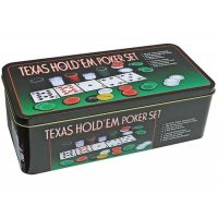 A set for playing poker in a metal package of 200 chips + 2 decks of cards + canvas I3-96 desktop