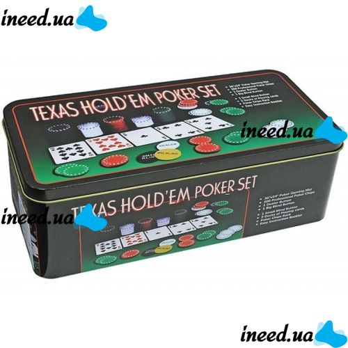 A set for playing poker in a metal package of 200 chips + 2 decks of cards + canvas I3-96 desktop
