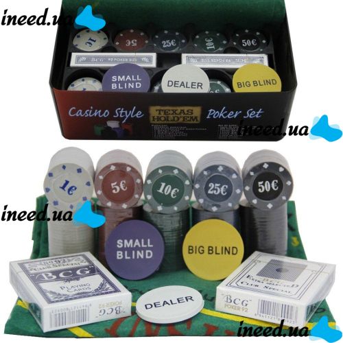 A set for playing poker in a metal package of 200 chips + 2 decks of cards + canvas I3-96 desktop