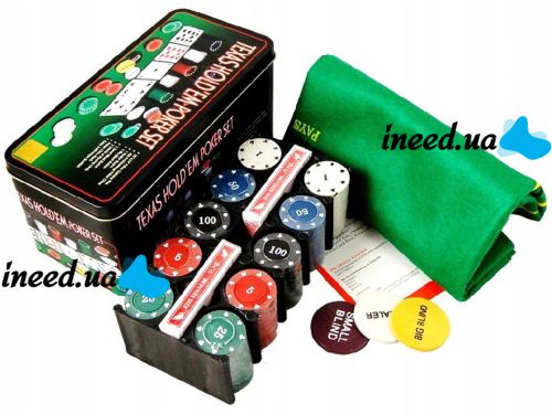 A set for playing poker in a metal package of 200 chips + 2 decks of cards + canvas I3-96 desktop