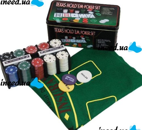 A set for playing poker in a metal package of 200 chips + 2 decks of cards + canvas I3-96 desktop