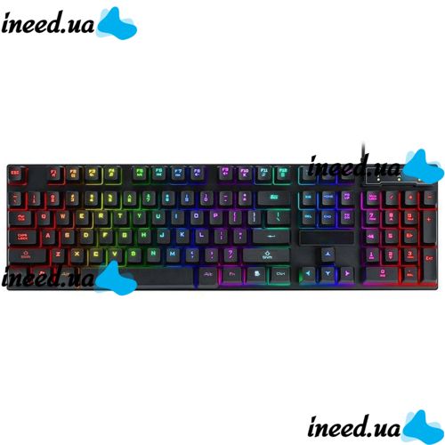 USB дротова геймерська комп'ютерна клавіатура Landslides KR - 6300 з RGB Led підсвічуванням ATLANFA AT-6300, повнорозмірна мембранна Чорна
