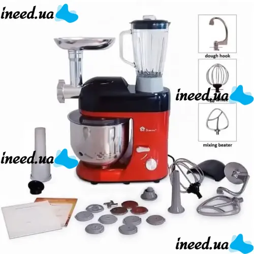 Domotec MS-2051 Desktop Food Processor 4 in 1 Mixer 3000W Dough Mixer with 6.5L Bowl for Kneading Dough, Kitchen Meat Grinder Blender Red
