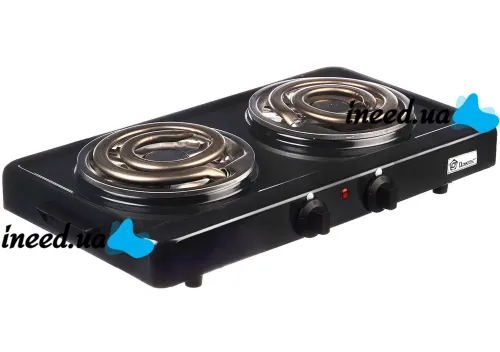 Настольная спиральная электрическая плита на две конфорки Domotec MS-5532 1000W, Двухконфорочная электроплита с широкой спиралью и термостатом Черный