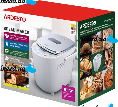 Electric bread Maker Ardesto BMG-750 500W for home baking bread, Bread Maker with LCD display 12 modes up to 750 grams from 220V network White