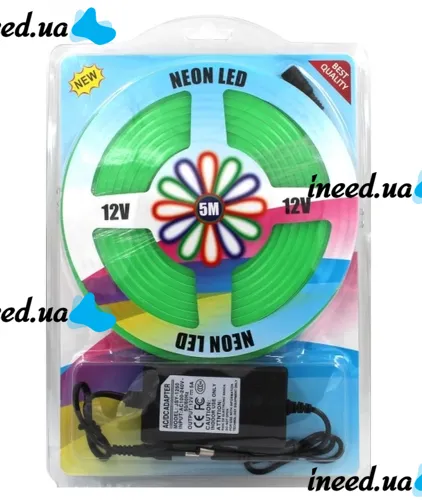 Світлодіодна силіконова стрічка LED NEON Green 0764 5 м з блоком живлення IP65, універсальна неонова гнучка підсвітка 12v-220v 5M в силіконі Зелена