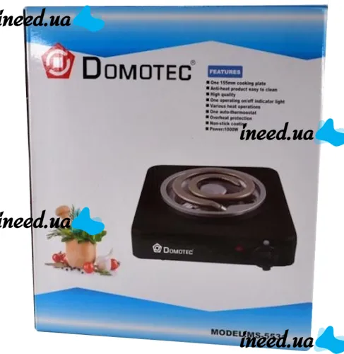 Настільна спіральна електрична плита на одну конфорку Domotec MS-5531 1000w одноконфорочная електроплита з широкою спіраллю і термостатом Чорна
