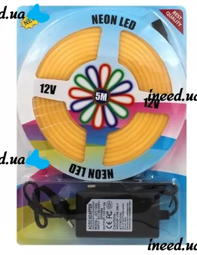 Світлодіодна силіконова стрічка LED NEON 0729 Yellow 5 м з блоком живлення, універсальна неонова гнучка підсвітка 12v-220v 5m в силіконі Жовта