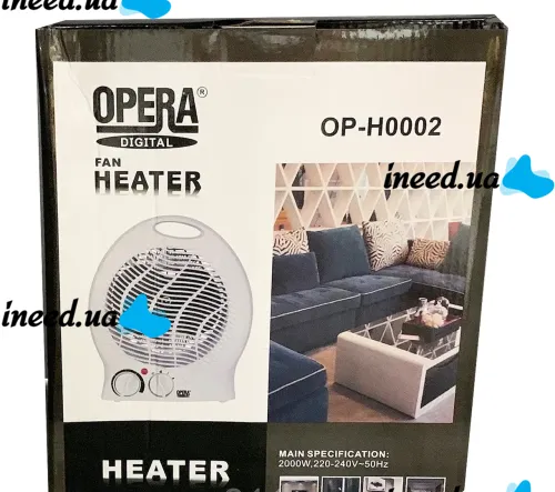 Електричний тепловентилятор Opera Digital OP-H0002 2000W дуйка 3 режими з ручкою, підлоговий обігрівач Опера 2000 Вт на 22 кв. м. для дому Білий