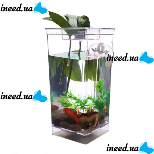 Самоочисний Акваріум My Fun Fish 2 л з LED підсвічуванням 12x12x25 см, квадратний, маленький акриловий наноакваріум з системою самоочищення для рибок