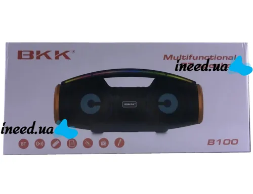 Бездротова Bluetooth колонка динамік BKK B100 з LED підсвічуванням 20W з мікрофоном, акумуляторна блютуз акустика караоке USB SD FM AUX Чорна
