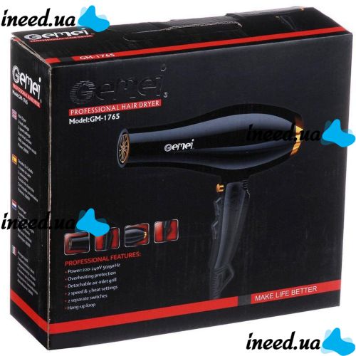 Профессиональный фен Gemei GM-1765 2800W для сушки и укладки волос, Электрический фен с холодным обдувом и концентратором 3 скорости 2800Вт Черный