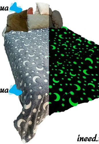 Дитячий світиться плед Magic Blanket Сірий 150х200 см, Плюш, місяць і зірки, покривало світиться День-Ніч, мікрофібра, флісовий люмінесцентний