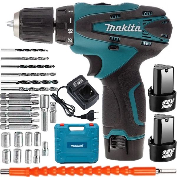 Makita DF330DWE rechargeable screwdriver 12V 2AH Li-Ion + spare battery in a case and a set of tools