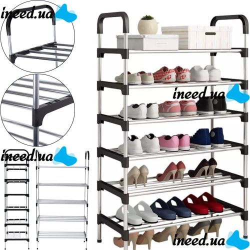 Підлогова Полиця органайзер Shoe Rack Rias RD-9005 для зберігання взуття 6 ярусів, стійка етажерка на 6 секцій полиць 115x56x30 см зі сталі срібляста