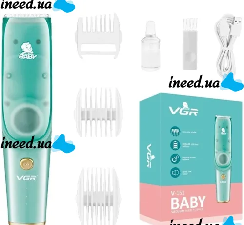 Беспроводная машинка VGR Baby V-151 Voyager для стрижки детей и младенцев с вытяжкой волос 5W с комплектом насадок детская аккумуляторная 3 насадки