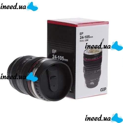 Кружка термос у вигляді об'єктива від фотоапарата Canon EF 24-105, Термокружка об'єктив 350 мл, Термо чашка з кришкою, Чорна