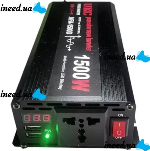 Автомобільний перетворювач інвертор UKC NFA-1500D 12V-220V з чистою синусоїдою 1500W, Автоперетворювач напруги струму AC/DC від акумулятора