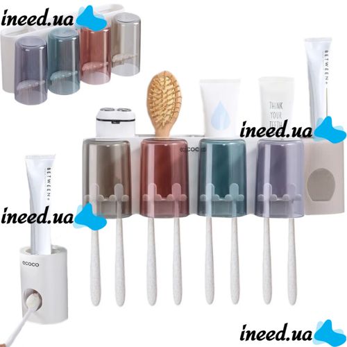 Ecoco XL-154 Wall-mounted Toothbrush Holder with Automatic Toothpaste Dispenser + 4 Cups, Dispenser Organizer for Storing Accessories