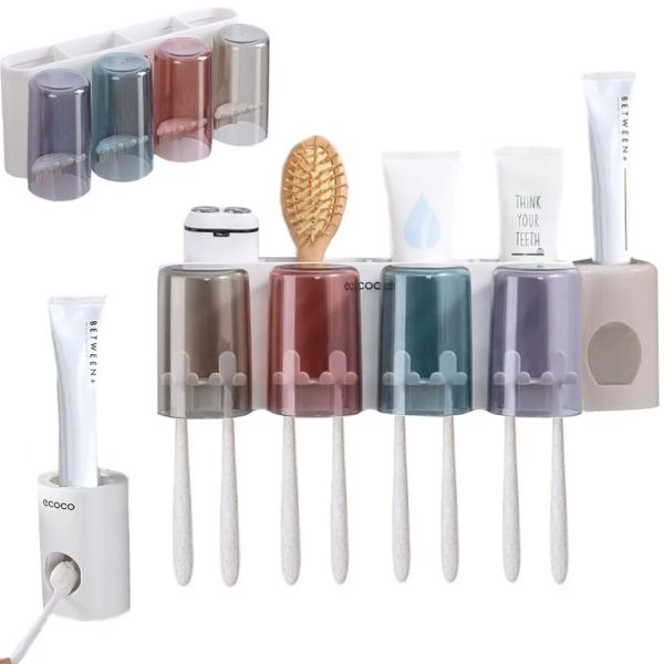 Ecoco XL-154 Wall-mounted Toothbrush Holder with Automatic Toothpaste Dispenser + 4 Cups, Dispenser Organizer for Storing Accessories