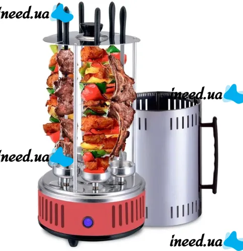 Domotec MS-7783 1000W vertical electric kebab maker for 6 skewers, Tabletop electric kebab maker for home with removable tray Red