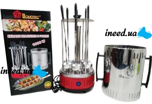 Domotec MS-7783 1000W vertical electric kebab maker for 6 skewers, Tabletop electric kebab maker for home with removable tray Red