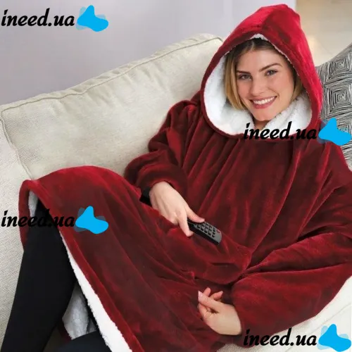 Hoodie Huggle Hoodie Ultra Plush Blanket Burgundy 2in1 Unisex Oversize Hoodie Plush Plaid with Fleece Sleeves 74X110 cm Red