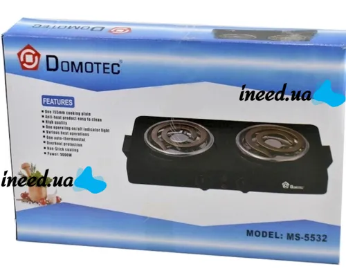 Настольная спиральная электрическая плита на две конфорки Domotec MS-5532 1000W, Двухконфорочная электроплита с широкой спиралью и термостатом Черный