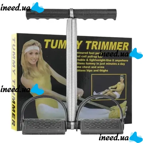 Пружинный эспандер Tummy Trimmer L1013 для мышц рук, живота и спины с креплением для ног, Спортивный тренажер Тами Тример для укрепления тела Черный