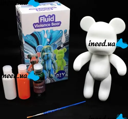 Флюїдний ведмедик Зроби сам DIY Creative Fluid Bear 23 см з фарбами 3 шт Набір розмальовка іграшка Ведмедик для творчості вініловий ведмідь флюїд-арт