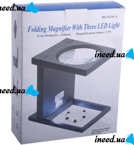 Zhongdi MG14116-A 2.5X Jewelry Square Magnifier with Backlight and Measuring Scale Folding Magnifying Glass 110mm on Battery Stand