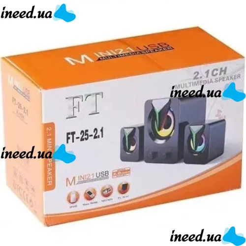 Музичні комп'ютерні колонки Hotmai Speaker FT-25-2.1 з RGB підсвічуванням для ПК, акустична система з сабвуфером і сателітами 9W USB 3.5 мм FT-25