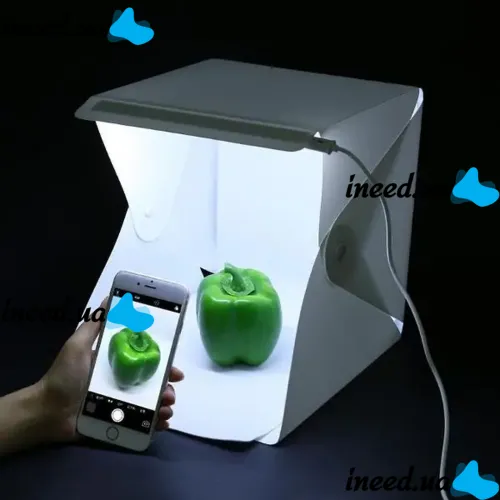 Folding photo box NJ-0065 with Led-lighting 22x22x22 cm for subject shooting, Lightbox for macro photography, Mini photo studio 2 backgrounds