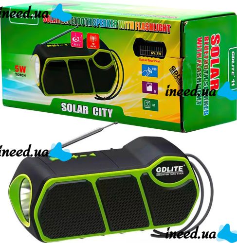 Беспроводная Bluetooth колонка фонарь Solar GDLite GD-11 1500 mAh с солнечной панелью, Аккумуляторный радиоприемник с фонариком FM Power Bank Зеленый