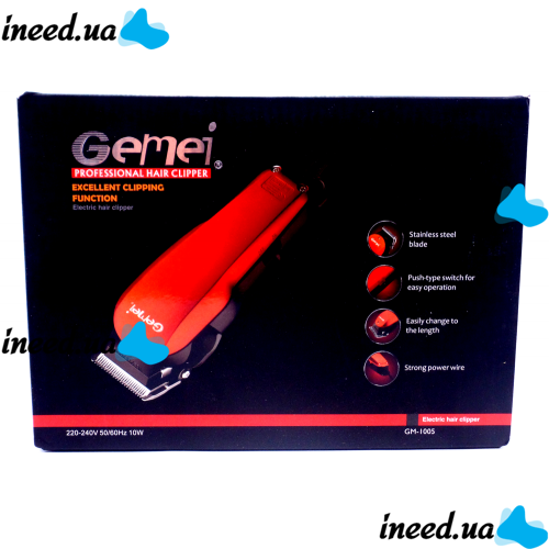 Профессиональная проводная машинка для стрижки волос Gemei GM-1005 4 насадки 15W, Триммер GM1005 с поворотным регулятором длины со съемными насадками