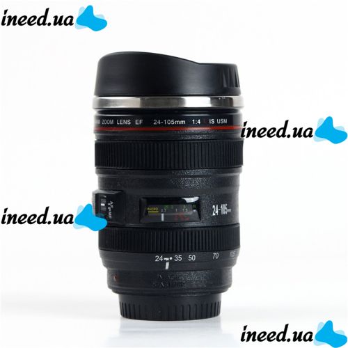 Кружка термос у вигляді об'єктива від фотоапарата Canon EF 24-105, Термокружка об'єктив 350 мл, Термо чашка з кришкою, Чорна