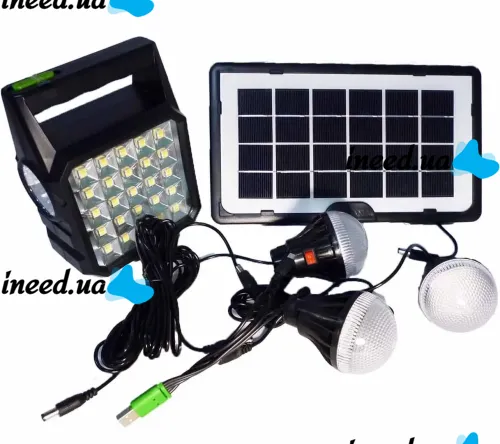 Автономная солнечная зарядная станция Solar GDlite GD-105 Power Bank с солнечной панелью и 3 LED лампочки, Прожектор фонарь с функцией повербанка