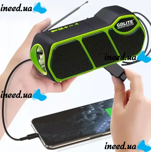 Беспроводная Bluetooth колонка фонарь Solar GDLite GD-11 1500 mAh с солнечной панелью, Аккумуляторный радиоприемник с фонариком FM Power Bank Зеленый