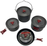 Camping cooking AL-600 Travel Cookware Set for 15 items kettle 3 pots frying pan and kitchen utensils in a camping case
