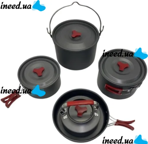 Camping cooking AL-600 Travel Cookware Set for 15 items kettle 3 pots frying pan and kitchen utensils in a camping case
