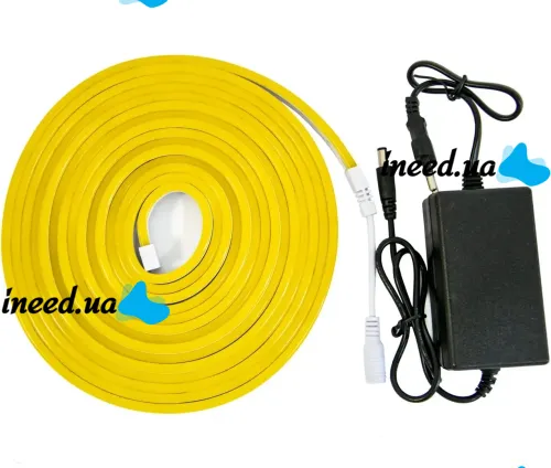 Світлодіодна силіконова стрічка LED NEON 0729 Yellow 5 м з блоком живлення, універсальна неонова гнучка підсвітка 12v-220v 5m в силіконі Жовта