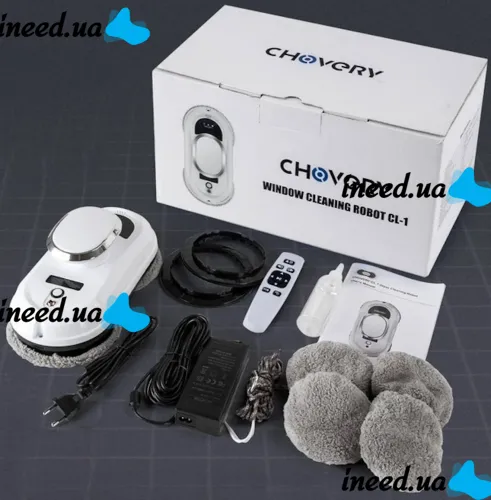 Акумуляторний робот для миття вікон Chovery CL-1 з пультом дистанційного керування і 4 насадками, Мийник вітрин і плитки від акб від мережі Білий