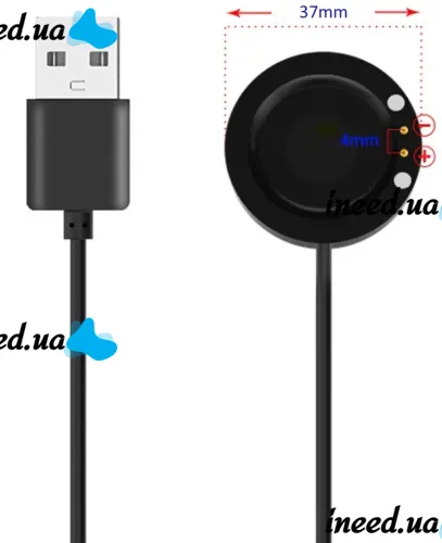 Магнітний зарядний пристрій IS7 Charging Line для Smart Watch T500, Магнітна USB зарядка 37мм 2-конектора для зарядки смарт годинників Чорна