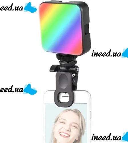 Акумуляторний накамерний відеосвітло Світлодіодна лампа RGB Lamp AY-83 з прищіпкою для телефону фото і відеозйомки, студійний Led світло з різьбленням 1/4