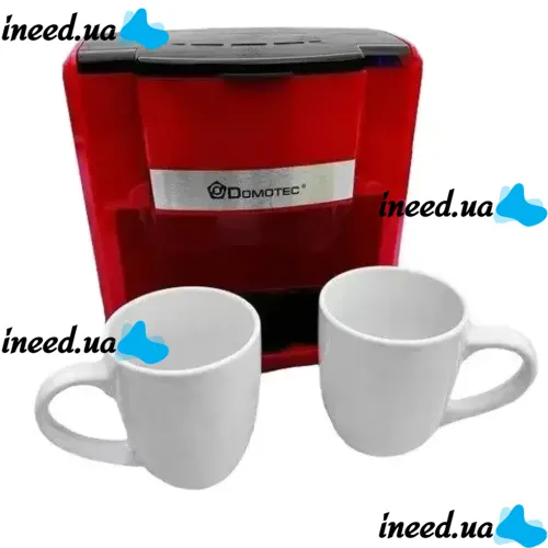 Drip coffee maker for two cups Domotec MS-0705 with 2 ceramic cups, Home Electric coffee Machine for tea and coffee 0.3 L 500W Red