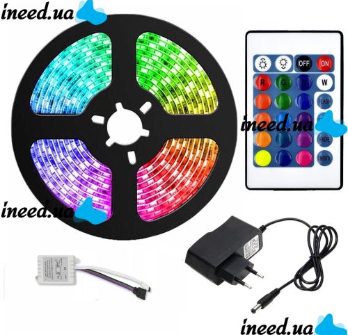 Комплект Світлодіодна LED стрічка 3528 RGB всі кольори 12V кольорова 5м пульт блок, різнобарвна в силіконі SMD2835 багатобарвна світлодіодної стрічки