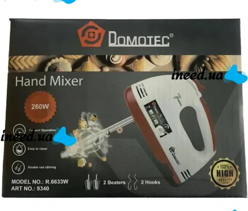 Ручний кухонний міксер Domotec R-6633W 260W для замішування і збивання тіста з 2 видами насадок, тістоміс Домотек R. 6633w 7 швидкостей від мережі