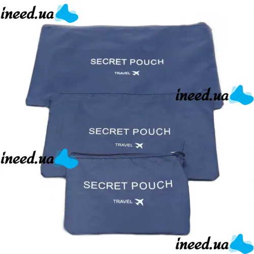 Набір дорожніх сумок органайзерів Secret Pouch 6 штук Сині, Чохли мішки для зберігання одягу у валізі, водонепроникні для подорожей laundry, водонепроникні для подорожей