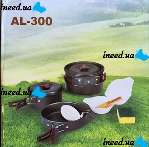 Travel tableware set AL-300 3 in 1 camping set frying pan, saucepan for 2-3 people made of anodized aluminum for cooking DS-300