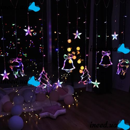 Внутренняя цветная гирлянда штора, занавес Рождество Christmas Style 2.5Х1 м 138 LED диодов M новогодняя светодиодная RGB на окно 2.5мх1м 220V